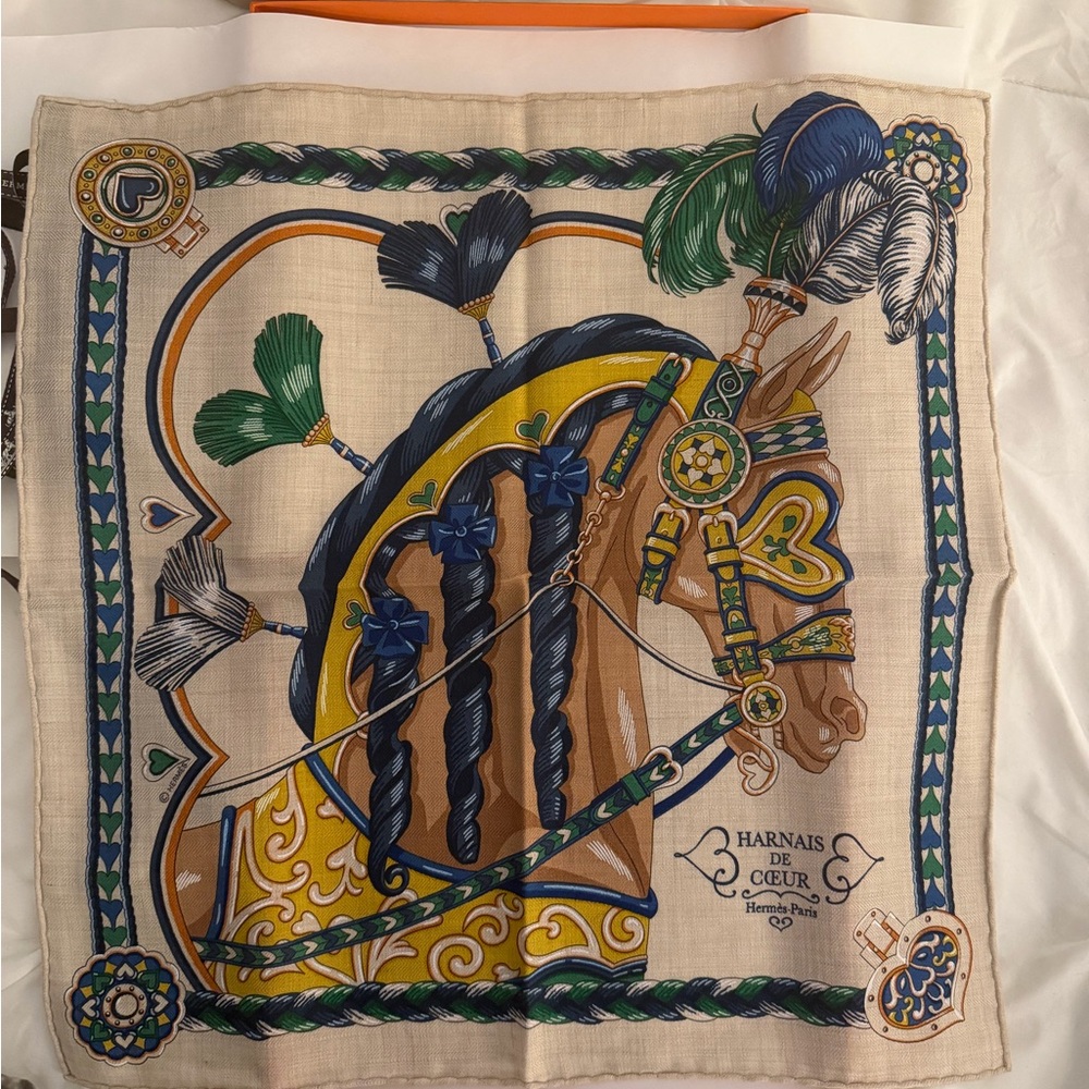Authentic Brand New Hermes Scarf 45 Cashmere Silk Wall Scarf Harnais de Coeur